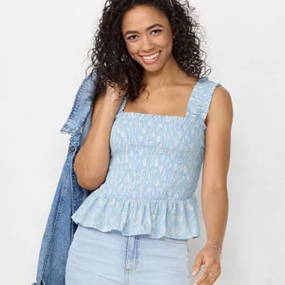 LC Lauren Conrad Smocked Peplum Tank Top Blue Cottage Peasant Prairie Size XL